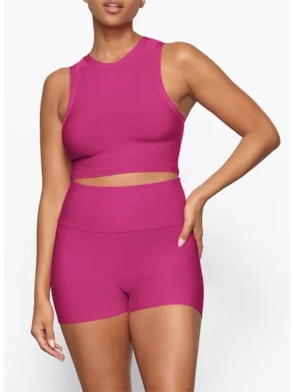Skims Magenta Pink Knit Swim Top And Shorts Set